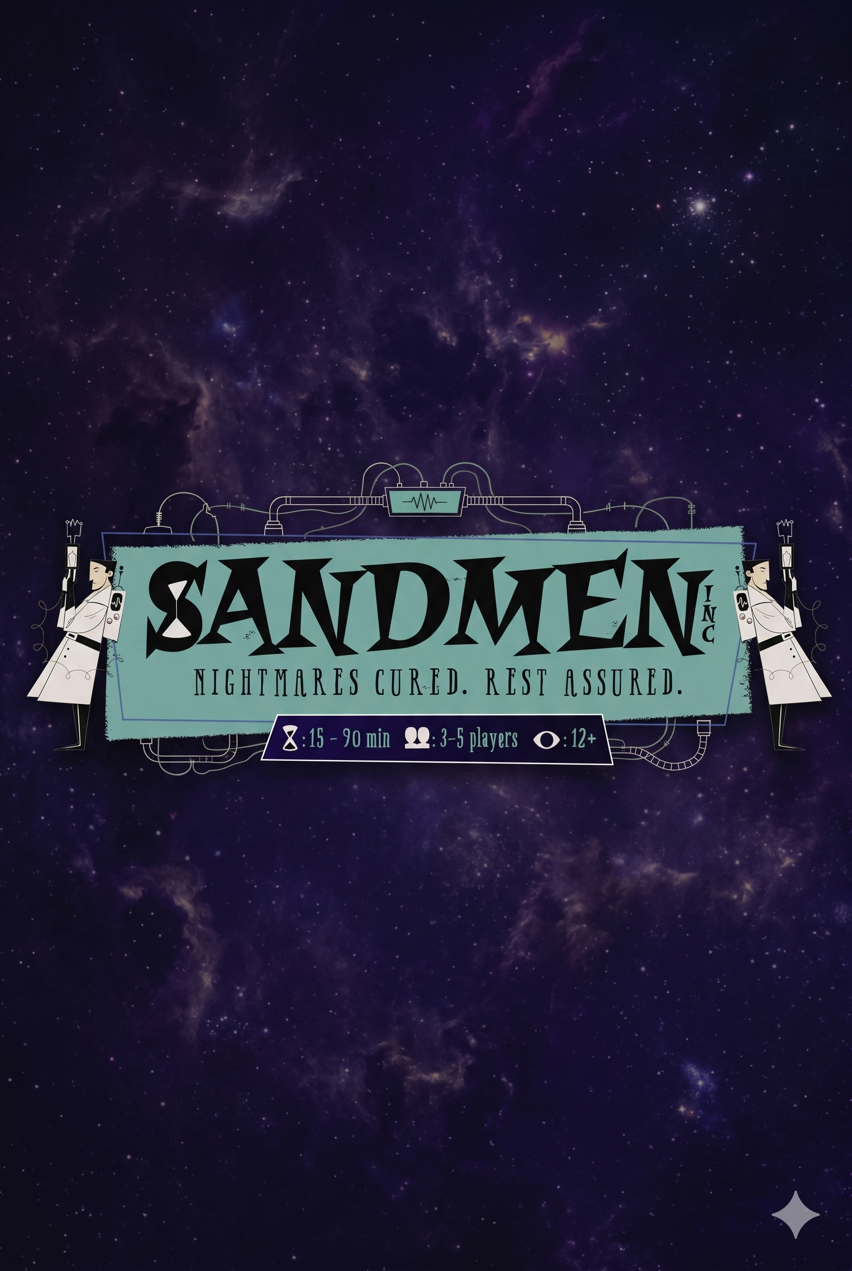 Sandmen, Inc. logo &mdash; the wordmark on a cosmic starfield, flanked by two figures in lab coats.