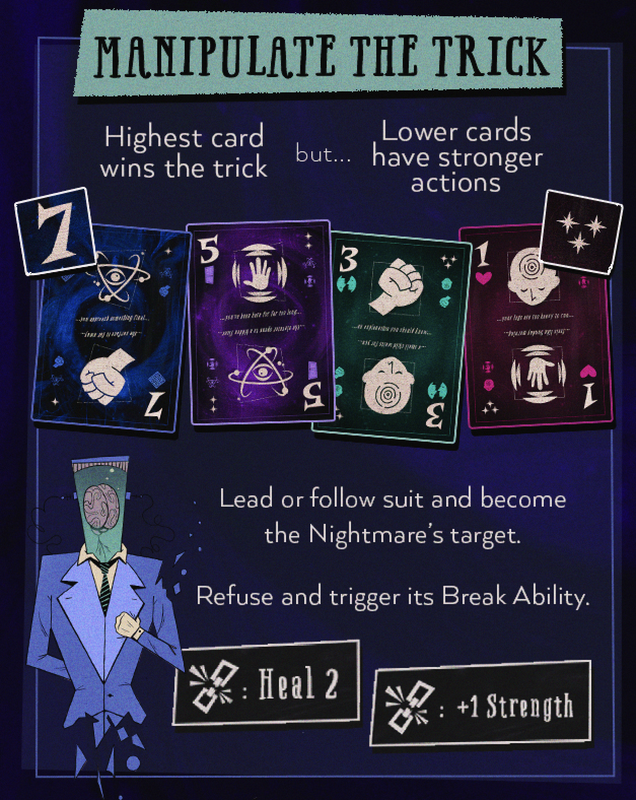 Manipulate the Trick. Highest card wins the trick, but lower cards have stronger actions. Lead or follow suit and become the Nightmare's target. Refuse and trigger its Break Ability.