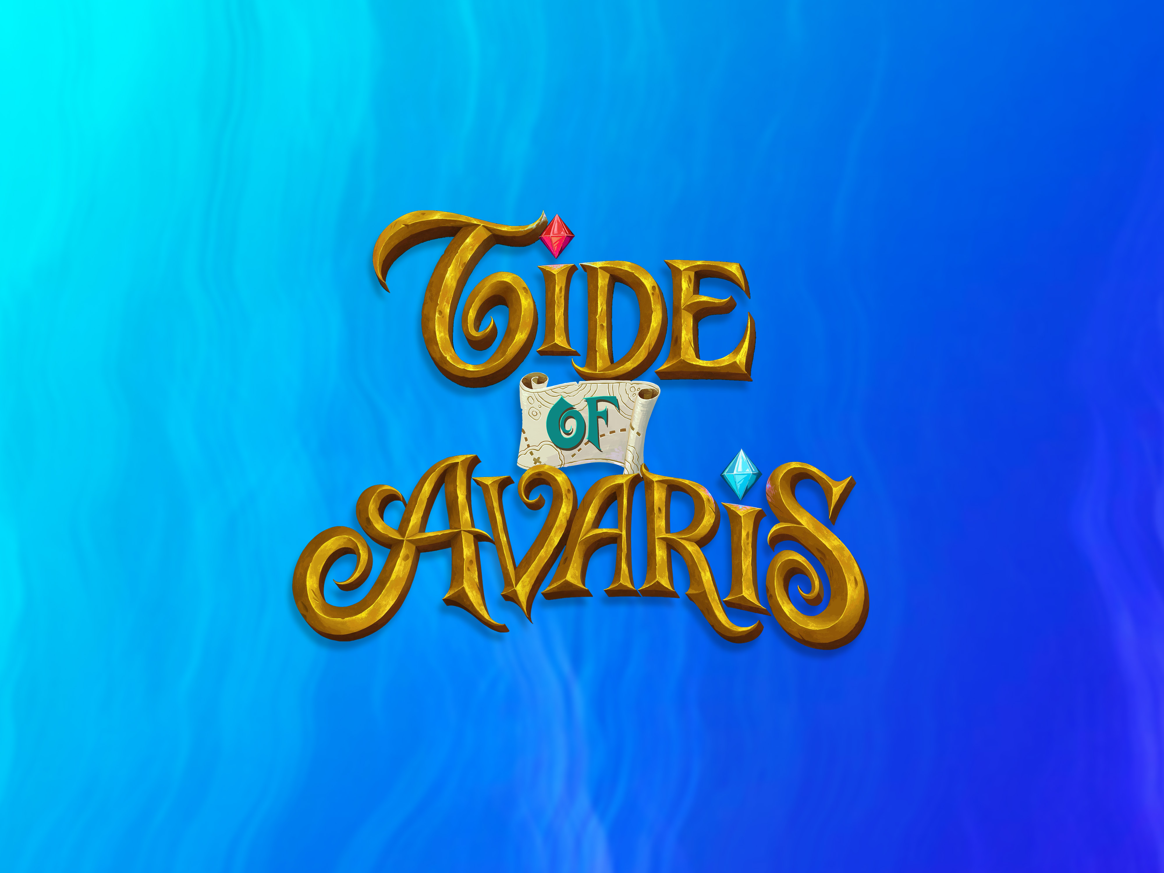 Tide of Avaris logo &mdash; stylized gold lettering on a turquoise-to-cobalt ocean gradient.